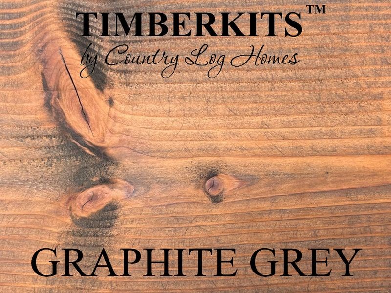 Sample of wood Graphite Grey stain with logo Timberkits by Country Log Homes